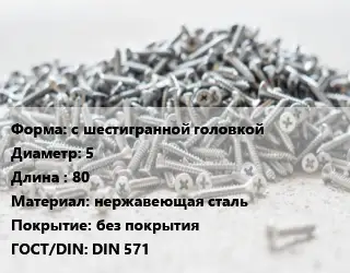 Шуруп с шестигранной головкой 5х80 нержавеющая сталь без покрытия ГОСТ: DIN 571